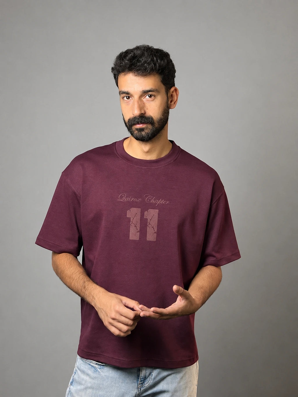 QAIROX Chapter Tee burgundy front — Qairox Chapter tone-on-tone 11 graphic, relaxed boxy fit, 285 GSM cotton