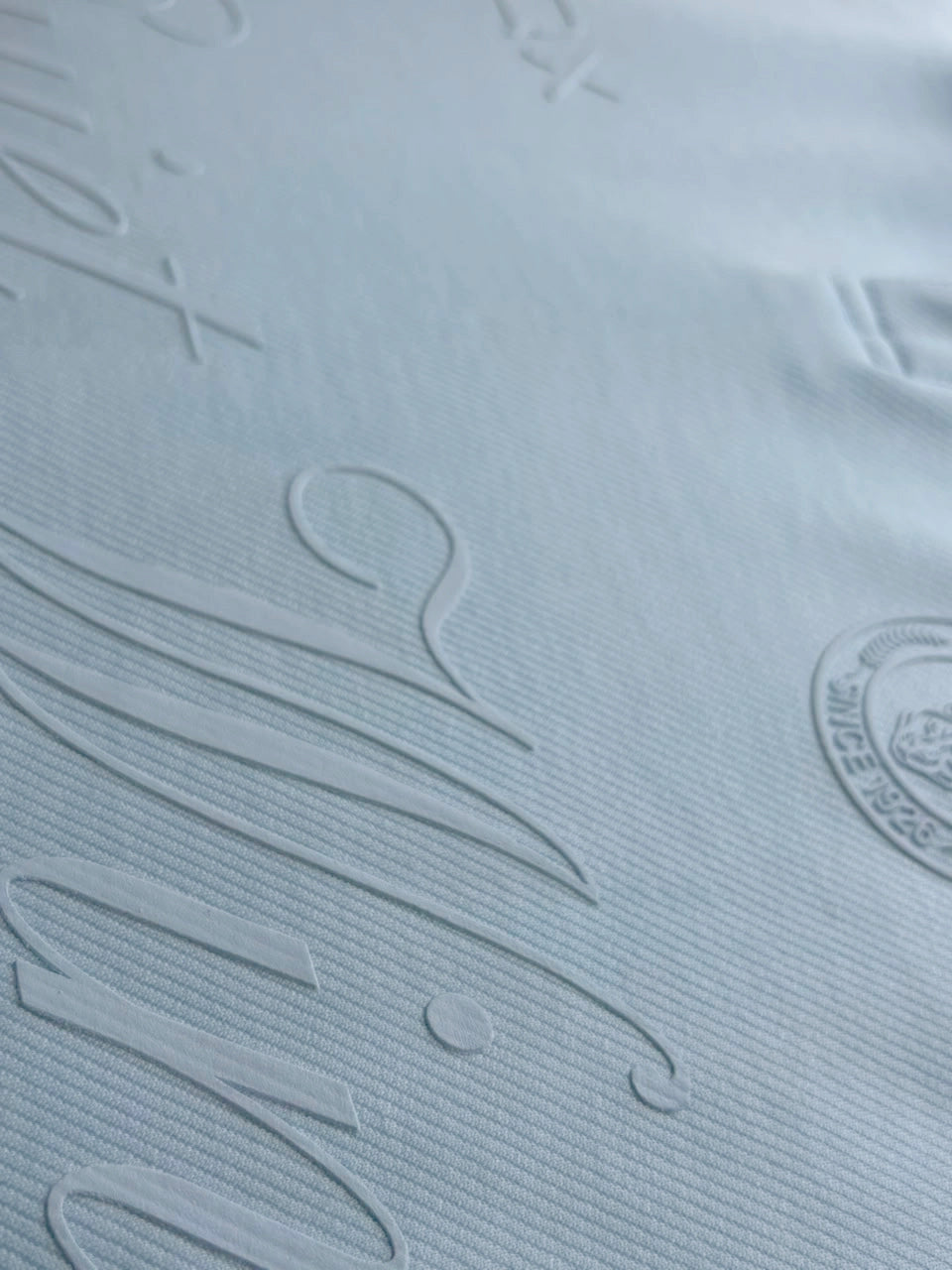 Close-up of a light blue textured fabric with embossed script lettering and a circular logo on the right side.